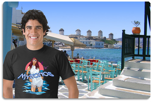 mykonos t shirt displayed on model with scenery