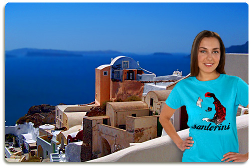Santorini t shirt displayed on model with scenery