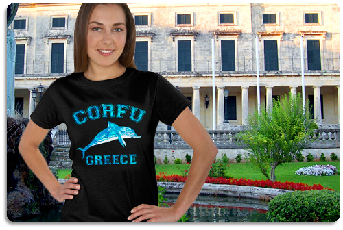 Corfu t shirt displayed on model with scenery