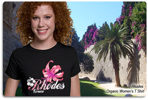 rhodes t shirt displayed on model with scenery