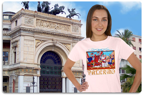 Palermo t shirt displayed on model with scenery