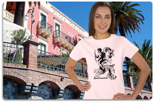 Taormina t shirt displayed on model with scenery