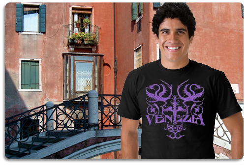 Venice t shirt displayed on model with scenery